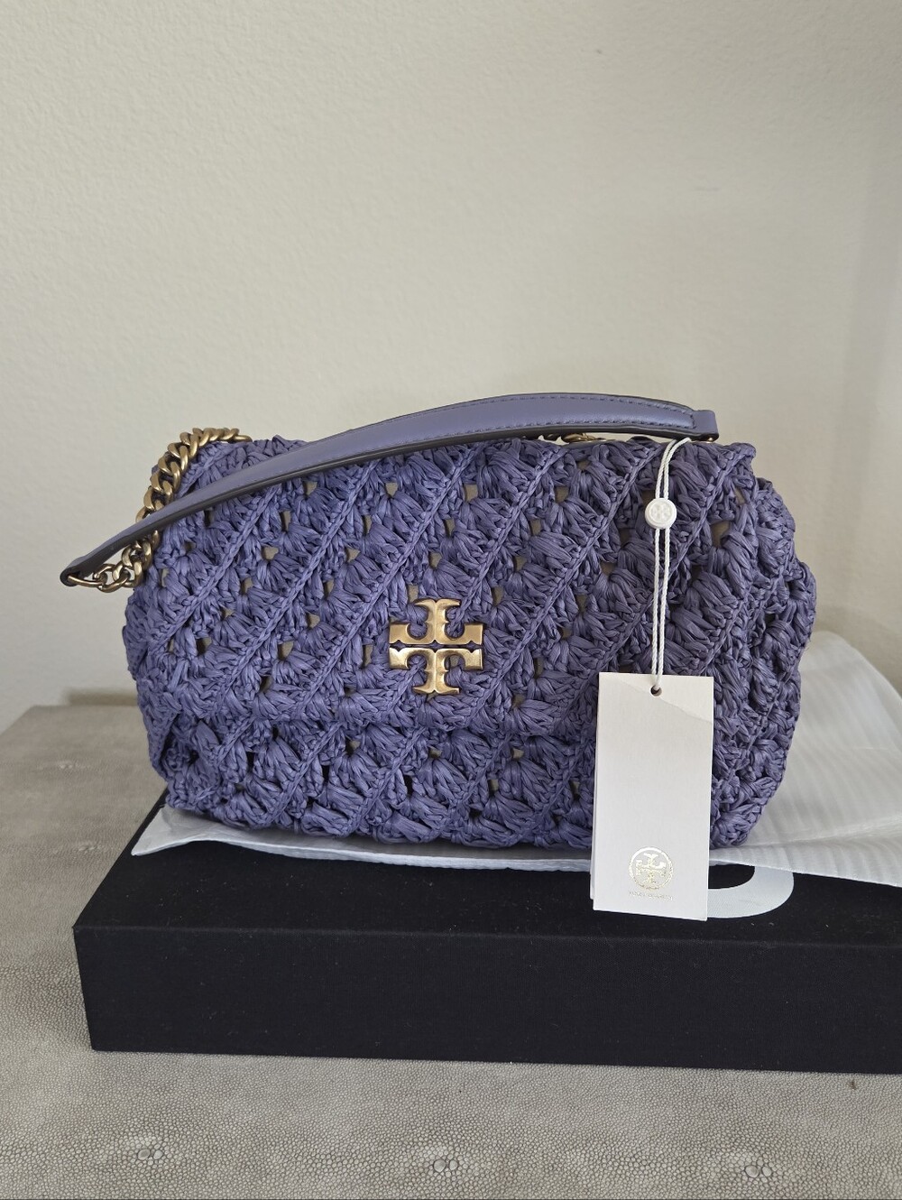 NWT Tory Burch Lavender Woven Shoulder Bag with Gold Logo